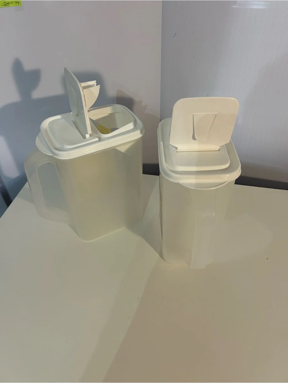 2 All-Purpose White Plastic Dispensers with handles- set of 2- Pitcher with Lid